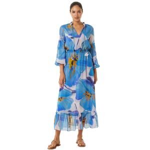 Misa Amata Chiffon Blue Poppy Midi Dress XS